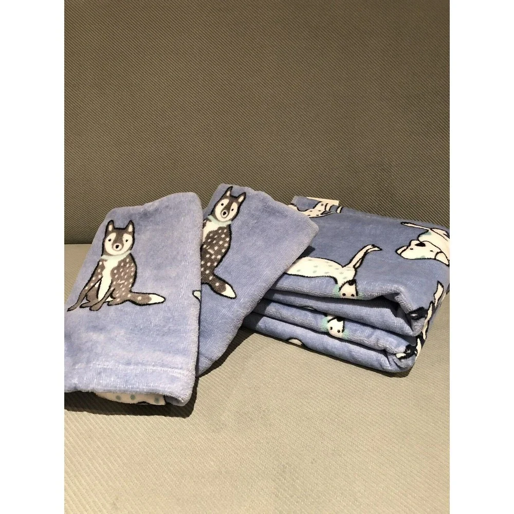 ARTISAN de LUXE HOME 2 Hand Towels & 2 Washcloths Cute Dog Print Blue Cotton New
